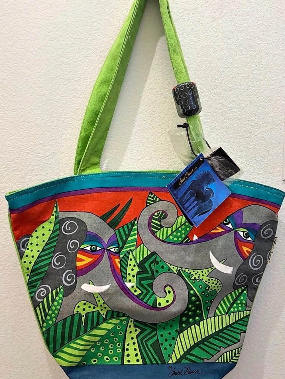 Retired Laurel Burch Artistic Elephant Canvas Tote Bag Green & Multicolor